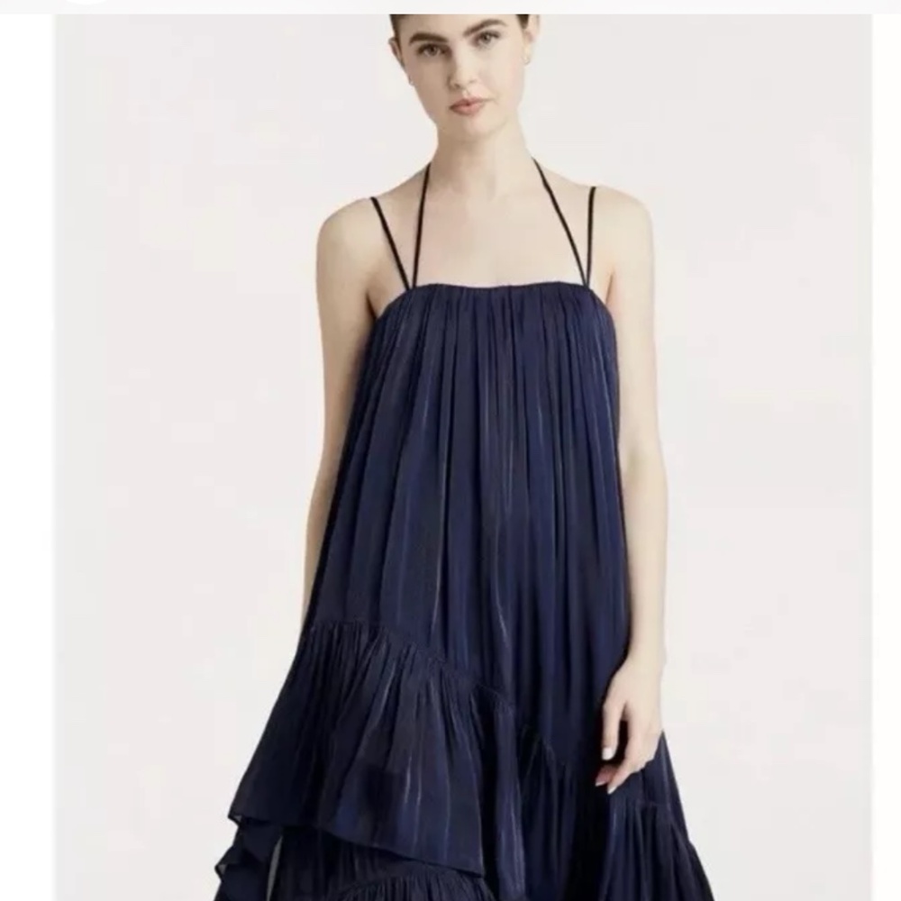 CINQ A SEPT Soliel navy blue dress size 6 ruffle trapeze midi sleeveless tiered